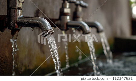 Cold tap water flowing from the faucet, close-up. Three open water taps in a public area. The concept of wasteful use of water. Cold tap water flowing from the faucet, close-up. Three open water taps in a public area. The concept of wasteful use of water. 112347621