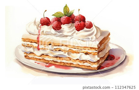 Delicious cake with raspberries, cherries, and white icing. Perfect for dessert lovers. Delicious cake with raspberries, cherries, and white icing. Perfect for dessert lovers. 112347625