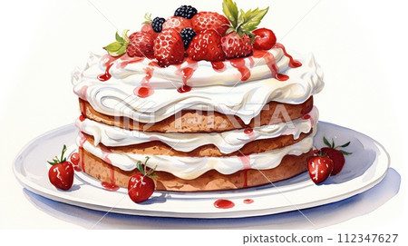 Delicious three-layer strawberry cake with fresh berries, sauce, and frosting 112347627