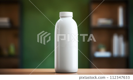 Single white plastic milk bottle on wooden table with blurred background Single white plastic milk bottle on wooden table with blurred background 112347633