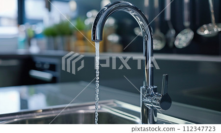 Modern kitchen faucet with a stream of water flowing into a stainless steel sink. 112347723