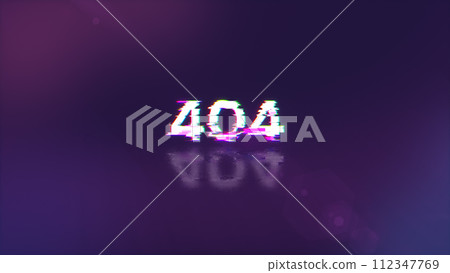 3D rendering error 404 text with screen effects of technological glitches 112347769