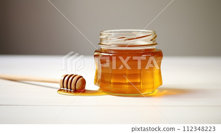 AI-generated content. Jar of Honey with Wooden Dipper on White Background. Natural Sweetener for Healthy Eating AI-generated content. Jar of Honey with Wooden Dipper on White Background. Natural Sweetener for Healthy Eating 112348223