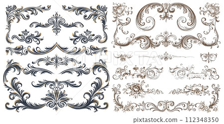 Ornate vintage design frame elements with calligraphy swirls, swashes vector 112348350