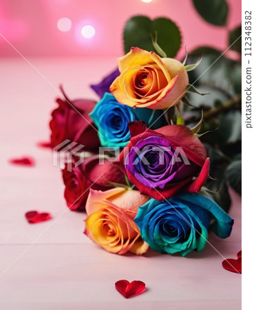 Beautifully arranged colorful bouquet of rainbow roses on blurred background. Beautifully arranged colorful bouquet of rainbow roses on blurred background. 112348382