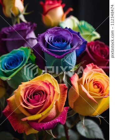 Beautifully arranged colorful bouquet of rainbow roses on blurred background. Beautifully arranged colorful bouquet of rainbow roses on blurred background. 112348474