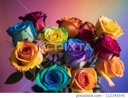 Beautifully arranged colorful bouquet of rainbow roses on blurred background. 112348545