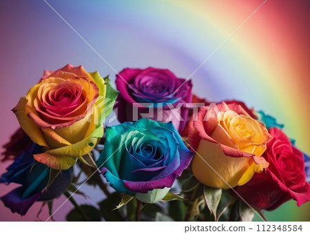 Beautifully arranged colorful bouquet of rainbow roses on blurred background. 112348584