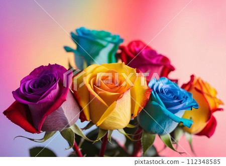 Beautifully arranged colorful bouquet of rainbow roses on blurred background. 112348585