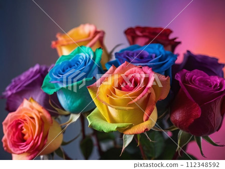 Beautifully arranged colorful bouquet of rainbow roses on blurred background. 112348592