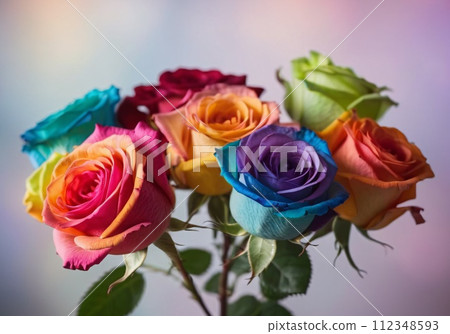 Beautifully arranged colorful bouquet of rainbow roses on blurred background. Beautifully arranged colorful bouquet of rainbow roses on blurred background. 112348593