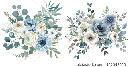 Dusty blue rose, white hydrangea, ranunculus, anemone, eucalyptus, greenery, juniper, magnolia vector design frame 112348623