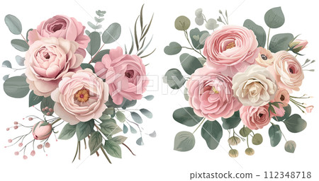 Pale pink camellia, dusty rose, ivory white peony, blush protea bouquet 112348718