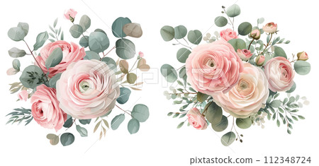 Nude pink ranunculus, eucalyptus vector design bouquet Nude pink ranunculus, eucalyptus vector design bouquet 112348724