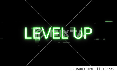 3D rendering level up text with screen effects of technological glitches 112348730
