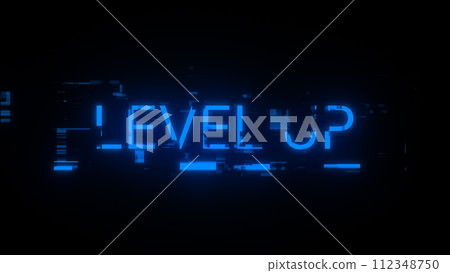 3D rendering level up text with screen effects of technological glitches 3D rendering level up text with screen effects of technological glitches 112348750