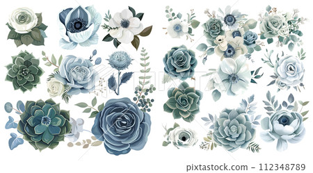 Dusty blue rose, echeveria succulent, white hydrangea, ranunculus 112348789