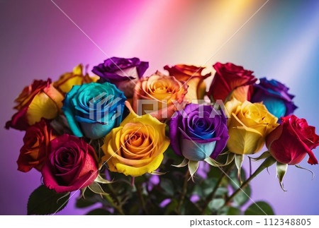 Beautifully arranged colorful bouquet of rainbow roses on blurred background. 112348805