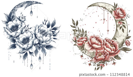 Magic crescent moon with peonies Magic crescent moon with peonies 112348814