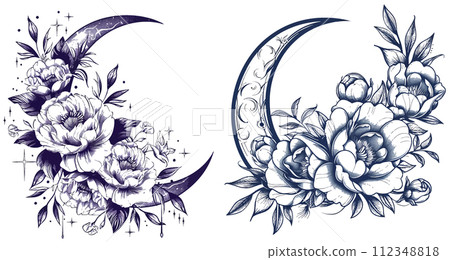 Beautiful magic crescent moon with peony flowers and leaves Beautiful magic crescent moon with peony flowers and leaves 112348818