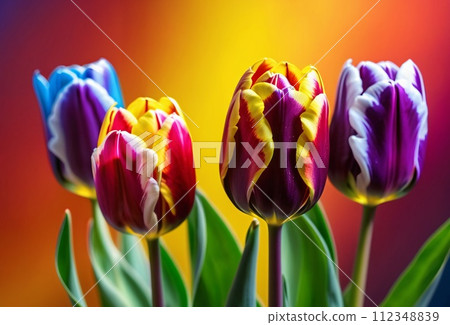 Beautifully arranged colorful bouquet of rainbow roses on blurred background. 112348839