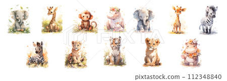 Adorable Watercolor Illustrations of Baby Animals: Elephants, Giraffes, Monkeys, Hippos, Zebras, Tigers and Lions in a Natural 112348840