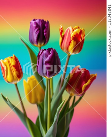 Beautifully arranged colorful bouquet of rainbow roses on blurred background. Beautifully arranged colorful bouquet of rainbow roses on blurred background. 112348841