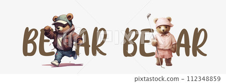 Adorable Illustrated Bears in Stylish Outfits: One Wearing a Cap and Jacket, the Other in a Pink Golf Attire, Both Ready Adorable Illustrated Bears in Stylish Outfits: One Wearing a Cap and Jacket, the Other in a Pink Golf Attire, Both Ready 112348859