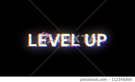 3D rendering level up text with screen effects of technological glitches 112348860