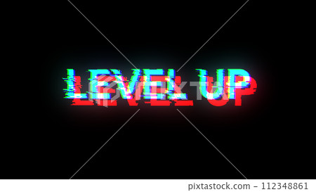 3D rendering level up text with screen effects of technological glitches 3D rendering level up text with screen effects of technological glitches 112348861