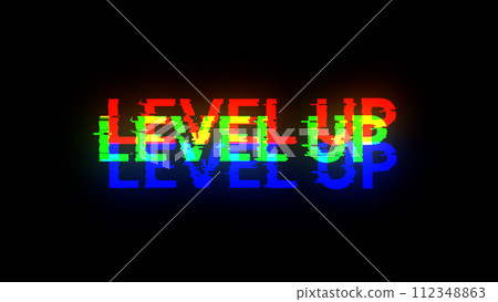 3D rendering level up text with screen effects of technological glitches 3D rendering level up text with screen effects of technological glitches 112348863