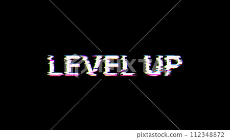 3D rendering level up text with screen effects of technological glitches 3D rendering level up text with screen effects of technological glitches 112348872