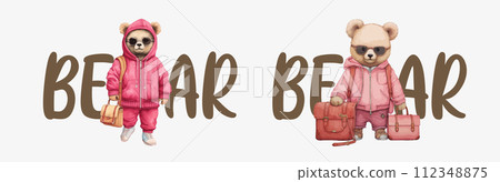 Adorable Bear Characters in Stylish Outfits: One in a Pink Hoodie and Another in Sunglasses and Shorts, Both Carrying Adorable Bear Characters in Stylish Outfits: One in a Pink Hoodie and Another in Sunglasses and Shorts, Both Carrying 112348875