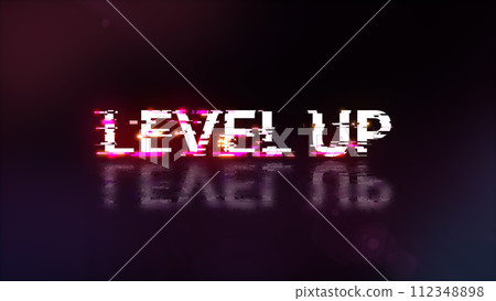 3D rendering level up text with screen effects of technological glitches 3D rendering level up text with screen effects of technological glitches 112348898