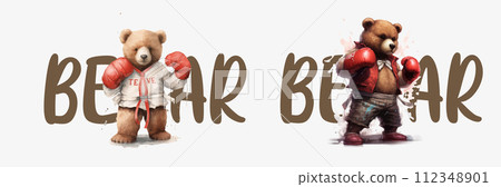 Adorable Illustrated Boxing Bears: One in Training Gear, Another Ready for the Ring, Displaying Fighting Adorable Illustrated Boxing Bears: One in Training Gear, Another Ready for the Ring, Displaying Fighting 112348901