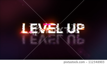 3D rendering level up text with screen effects of technological glitches 112348903