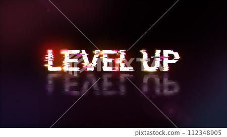 3D rendering level up text with screen effects of technological glitches 3D rendering level up text with screen effects of technological glitches 112348905