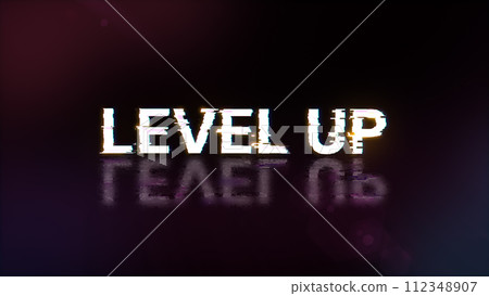 3D rendering level up text with screen effects of technological glitches 3D rendering level up text with screen effects of technological glitches 112348907