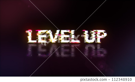 3D rendering level up text with screen effects of technological glitches 112348910