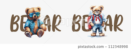 Adorable Illustrated Bears in Stylish Outfits: One Wearing Sunglasses and a Jacket, Another in a Shirt 112348998