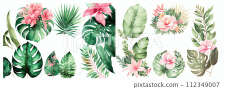 Elegant Collection of Watercolor Tropical Leaves and Flowers, Perfect for Invitations, Greetings, and Wall Art 112349007