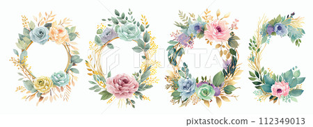 Elegant Watercolor Floral Wreaths Collection Featuring Blooming Flowers, Lush Foliage, and Decorative Elements for Invitations, Greeting Cards Elegant Watercolor Floral Wreaths Collection Featuring Blooming Flowers, Lush Foliage, and Decorative Elements for Invitations, Greeting Cards 112349013