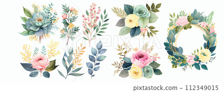 Elegant Watercolor Floral Arrangements and Wreaths for Invitations, Greeting Cards, and Home Decor Design Elegant Watercolor Floral Arrangements and Wreaths for Invitations, Greeting Cards, and Home Decor Design 112349015