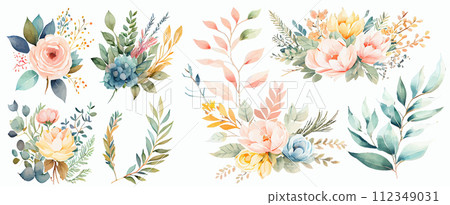 Elegant Collection of Watercolor Floral Arrangements for Invitations, Decor, and More - Various Blooms Elegant Collection of Watercolor Floral Arrangements for Invitations, Decor, and More - Various Blooms 112349031