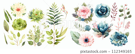 Elegant Collection of Hand-Painted Watercolor Flowers and Leaves, Perfect for Invitations, Greeting Cards, and Wall Art Elegant Collection of Hand-Painted Watercolor Flowers and Leaves, Perfect for Invitations, Greeting Cards, and Wall Art 112349165