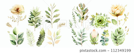 Elegant Collection of Hand-Painted Watercolor Flowers and Leaves, Perfect for Invitations, Greeting Cards, and Wall Art 112349199