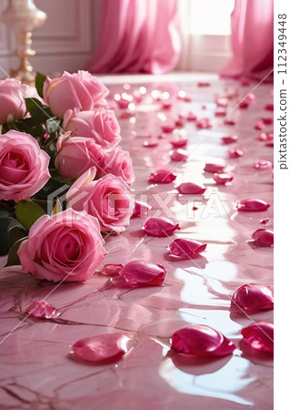 pink roses whispers of a sparkling tale of fresh soft renewal filled by ambient soft sunlight. Wedding concept. 112349448