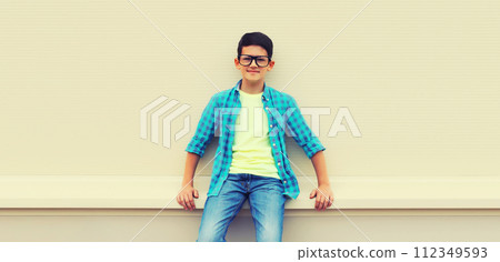 Happy smiling teenager boy in eyeglasses, casual shirt on white background Happy smiling teenager boy in eyeglasses, casual shirt on white background 112349593