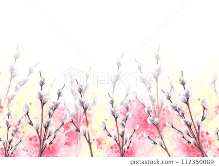 Watercolor spring pussy willow tree on background of watercolor yellow, pink stain splashes seamless banner, border Spring branches, Easter, Palm Sunday card template. Hand drawn illustration Isolated 112350089