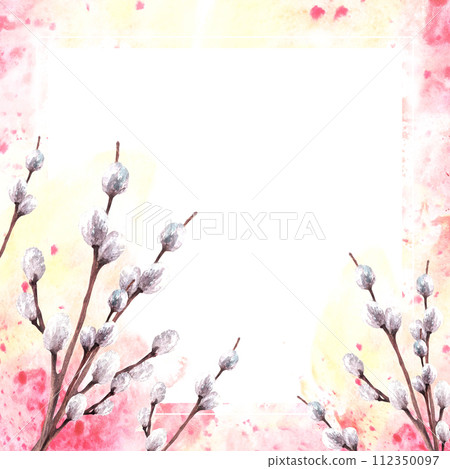 Watercolor springtime card. Pussy willow trees on watercolor yellow, pink spotted background. Template frame. Hand drawn Illustration. Catholic, Orthodox Lutheran Easter Palm Sunday clipart. Isolated 112350097